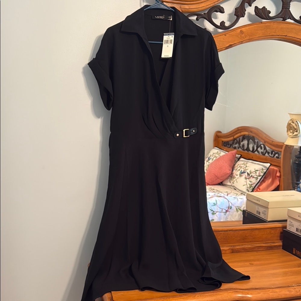 Lauren Ralph Lauren Black Sheath Midi Dress with Notched Collar